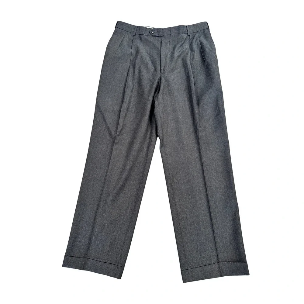 Berle Mens Charcoal Grey Super 100s Worsted Wool Pleated Cuffed Dress Pants 36R
